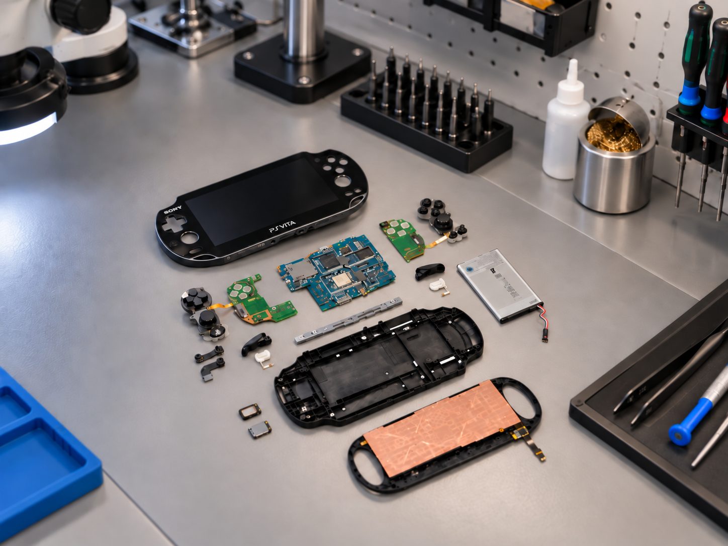 PS Vita Serie 1000 smontata in laboratorio, con i componenti separati sul banco